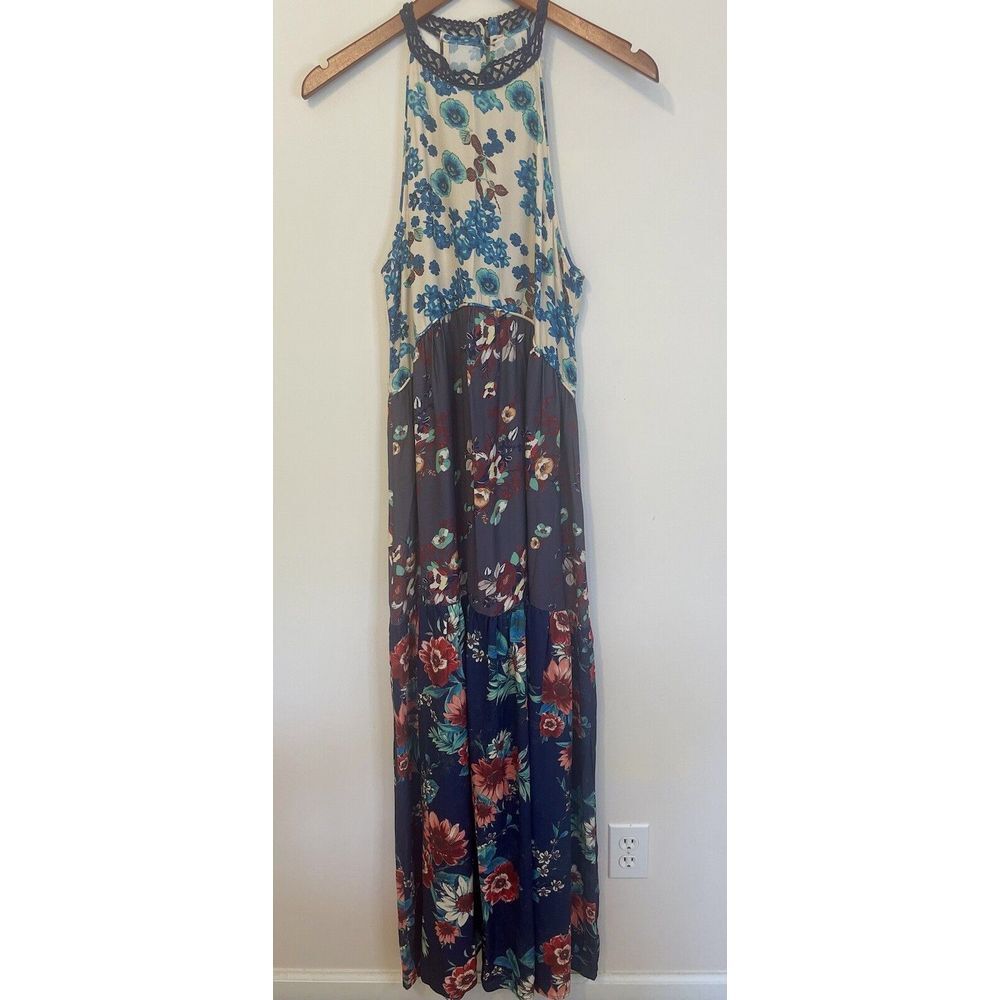 Living Doll Maxi Dress Boho‎ Tiered Multi Florals Crochet Trim L Flowy